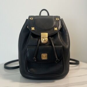 MCM Black Leather Backpack Gold Hardware Munich‎ Design Mini Flap Drawstring